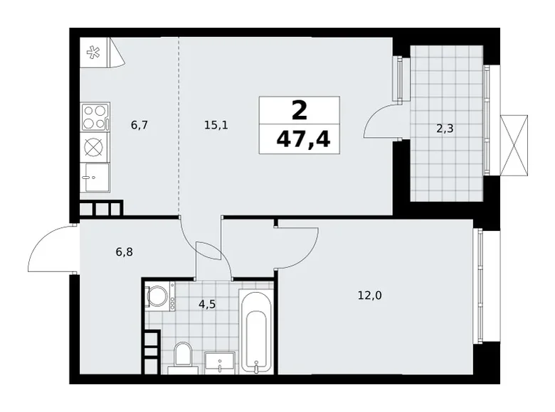 2 room apartment 47 m² Kommunarka, Russia