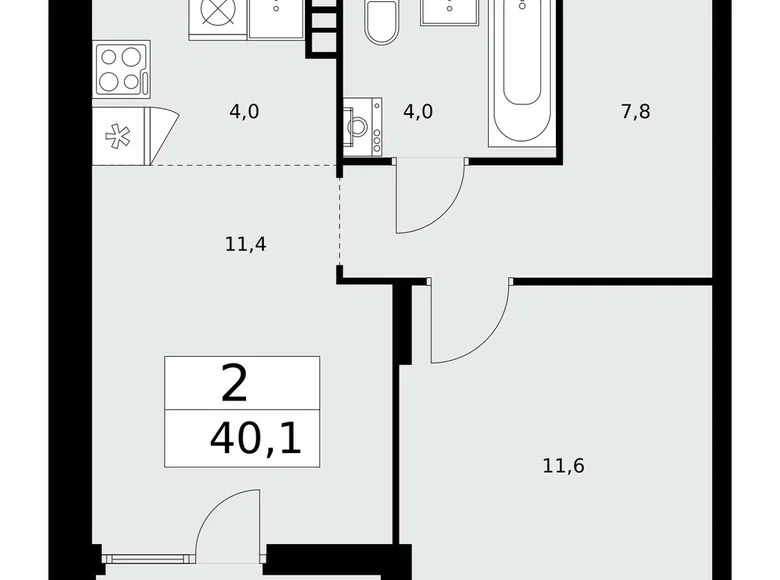 2 room apartment 40 m² Troitsk, Russia