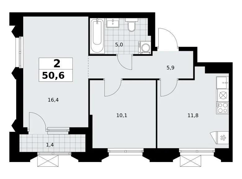 Appartement 2 chambres 51 m² Troïtsk, Russie