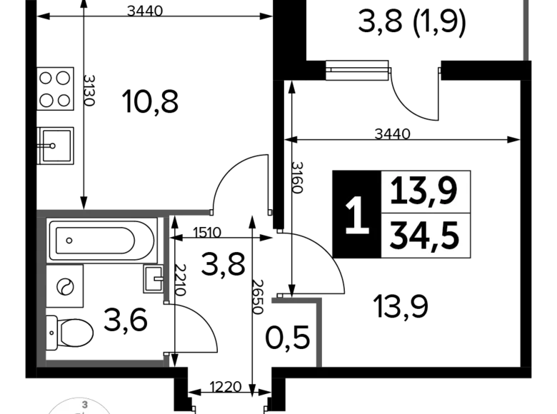Apartamento 1 habitación 34 m² Liúbertsy, Rusia