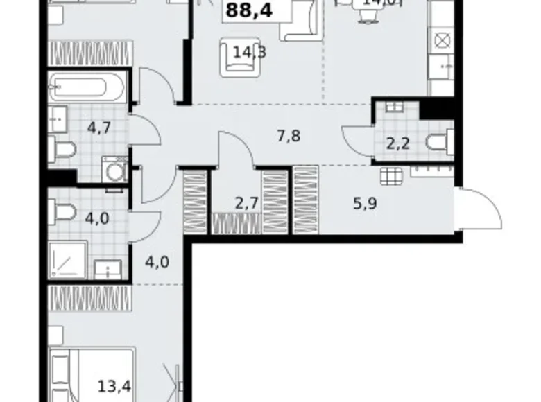 Квартира 3 комнаты 88 м² район Коммунарка, Россия