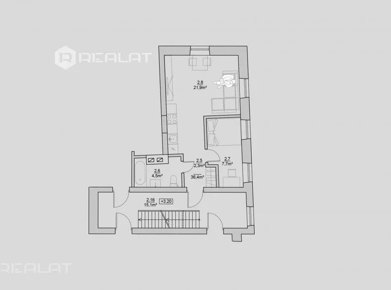 2 room apartment 37 m² Riga, Latvia