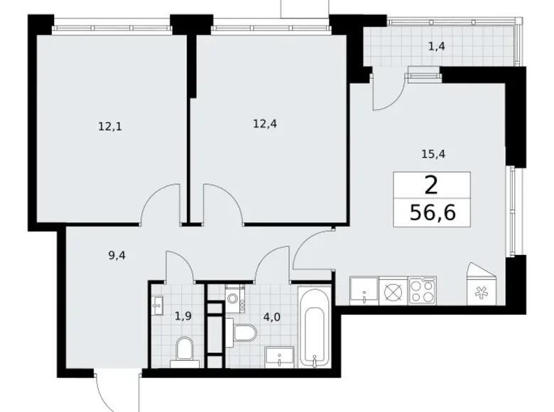 Mieszkanie 2 pokoi 57 m² Wnukowo, Rosja