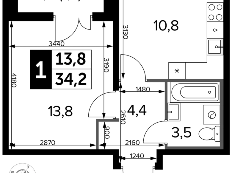 1 room apartment 34 m² Leninsky District, Russia