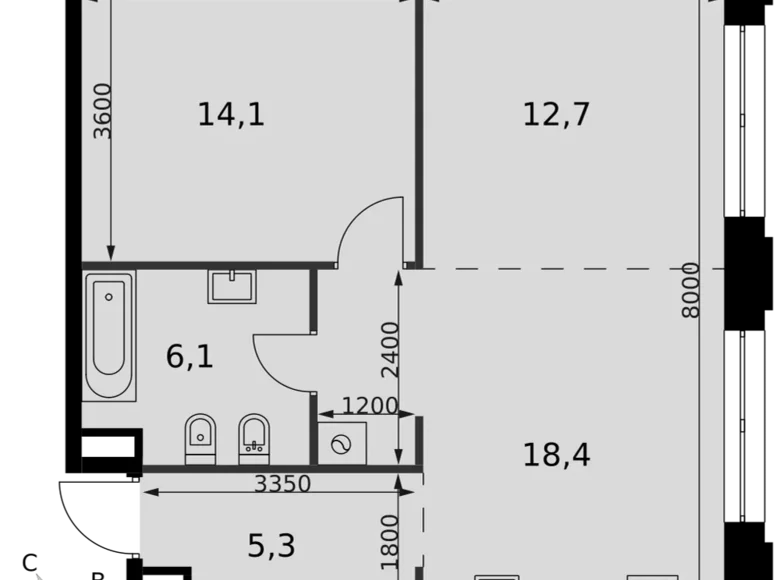 2 room apartment 58 m² Moscow, Russia