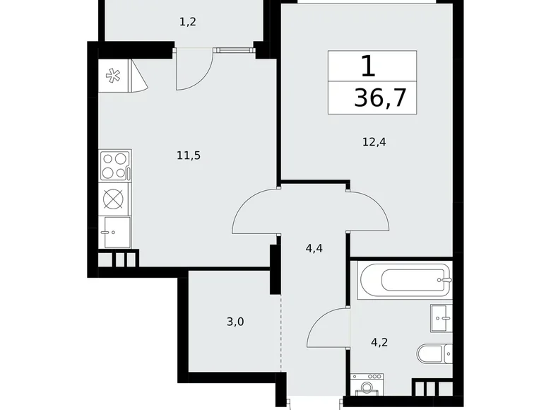 1 room apartment 37 m² Troitsk, Russia