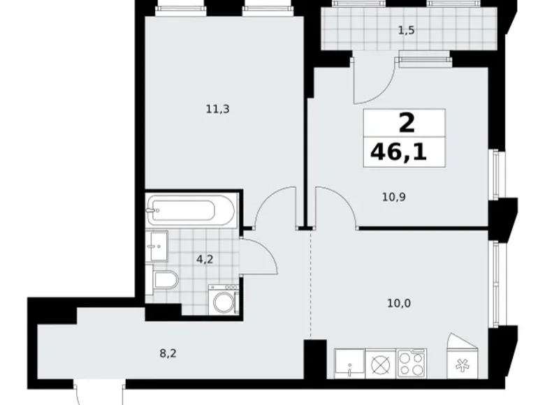 2 room apartment 46 m² Troitsk, Russia