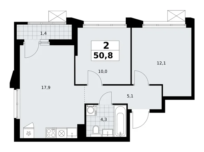 Mieszkanie 2 pokoi 51 m² Troick, Rosja