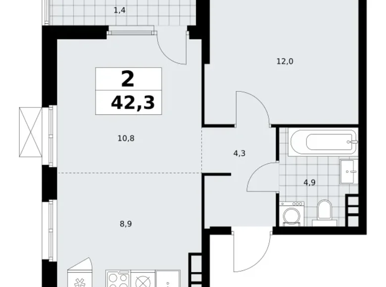 2 room apartment 42 m² Moscow, Russia