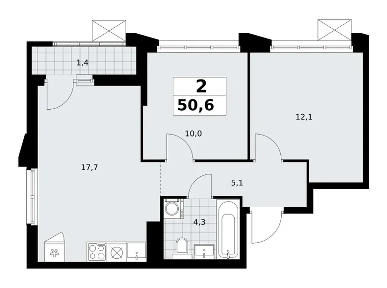 2 room apartment 51 m² Troitsk, Russia