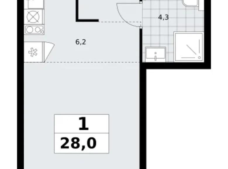 Квартира 1 комната 28 м² район Троицк, Россия
