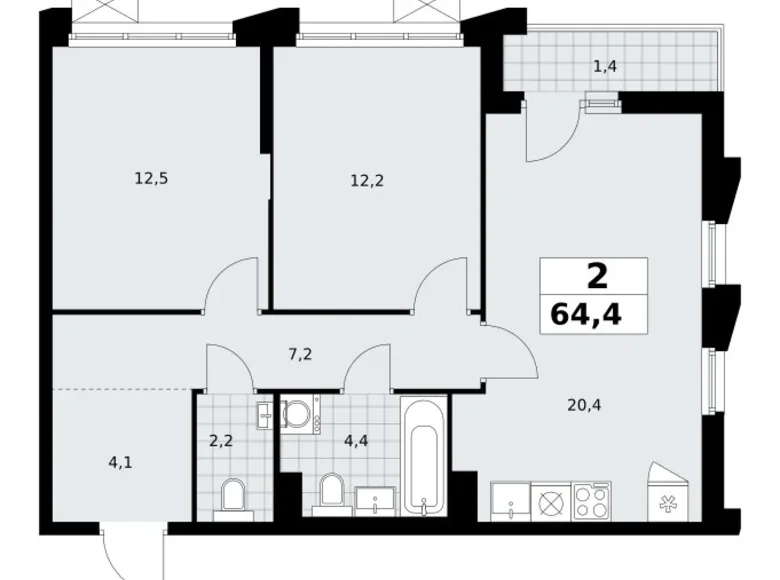 Квартира 2 комнаты 64 м² район Троицк, Россия