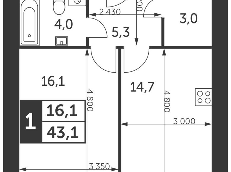 1 room apartment 43 m² Moscow, Russia