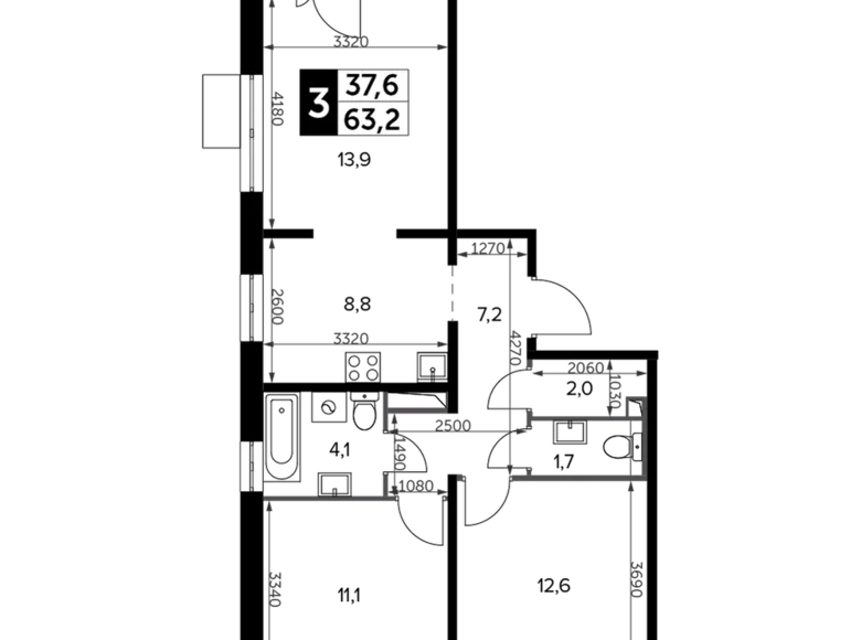 3 room apartment 63 m² Leninsky District, Russia