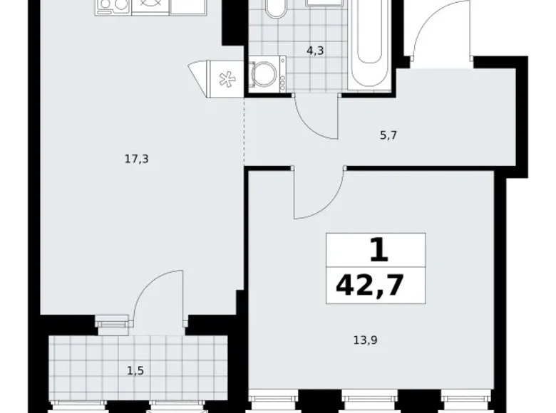 Квартира 1 комната 43 м² район Троицк, Россия