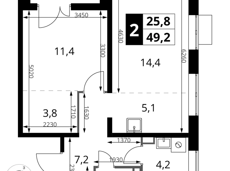 2 room apartment 49 m² Sapronovo, Russia