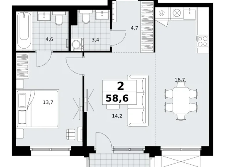 Квартира 2 комнаты 59 м² район Коммунарка, Россия