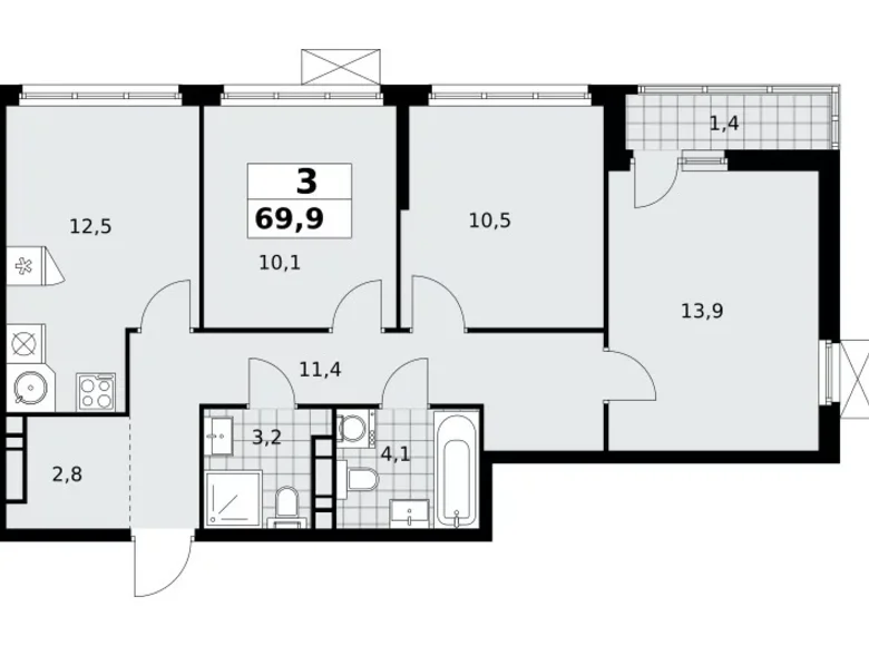 3 room apartment 70 m² Kommunarka, Russia