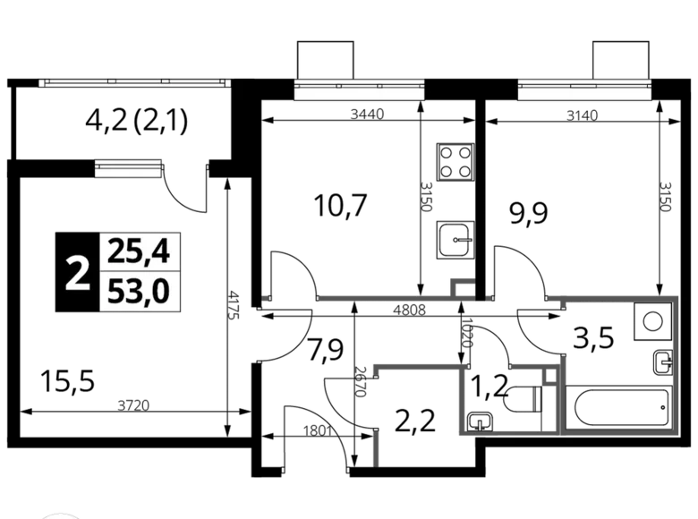 2 room apartment 53 m² Lyubertsy, Russia