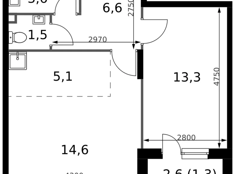 Квартира 2 комнаты 46 м² Сапроново, Россия