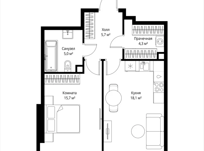 Квартира 1 комната 49 м² Москва, Россия