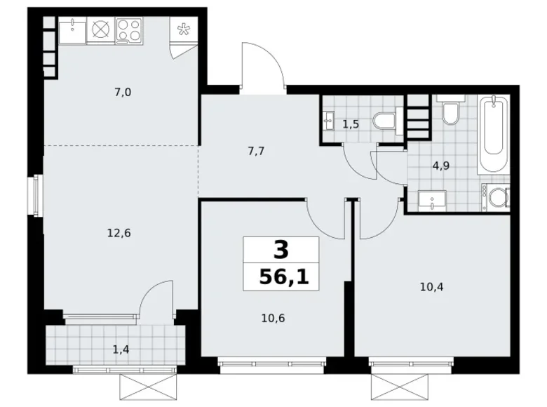 3 room apartment 56 m² Moscow, Russia