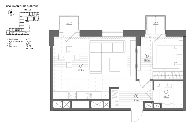 1 bedroom apartment 45 m² Moscow, Russia