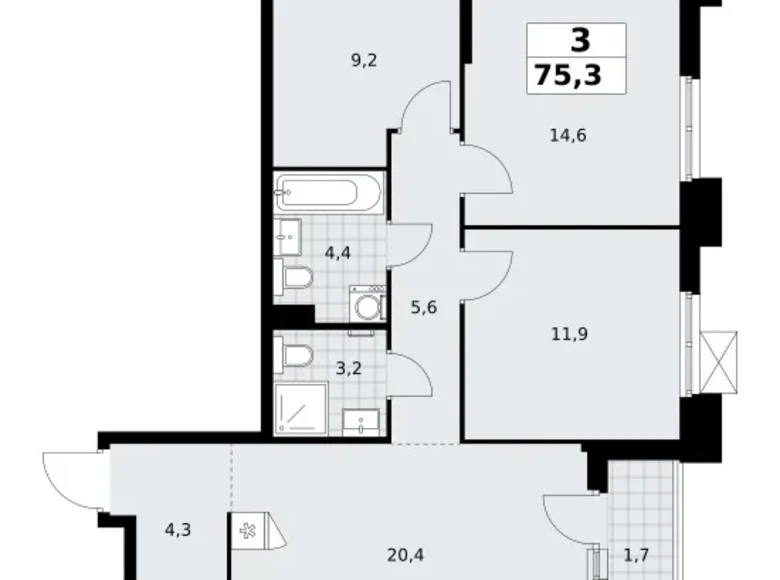 3 room apartment 75 m² Troitsk, Russia