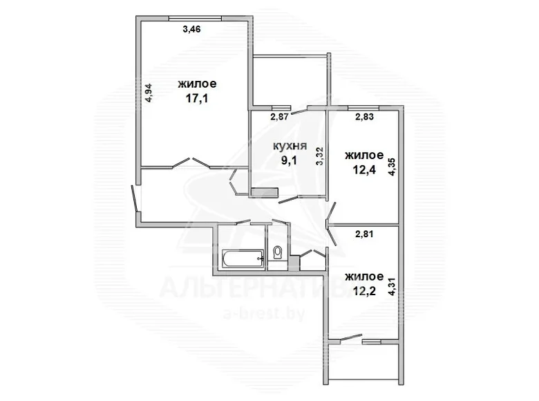 1 room apartment 67 m² Muchaviecki sielski Saviet, Belarus