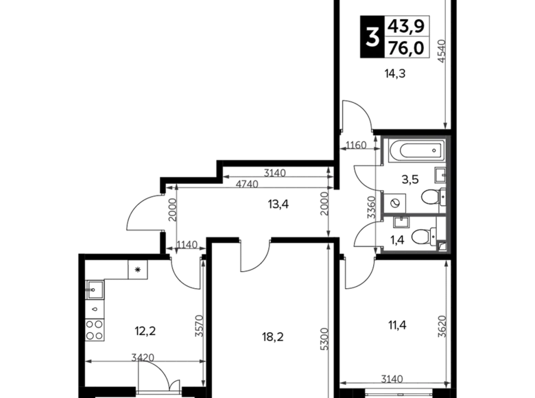 Квартира 3 комнаты 77 м² Ленинский городской округ, Россия