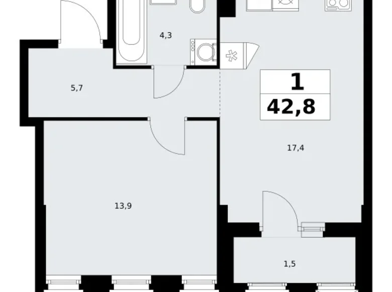 1 room apartment 43 m² Troitsk, Russia