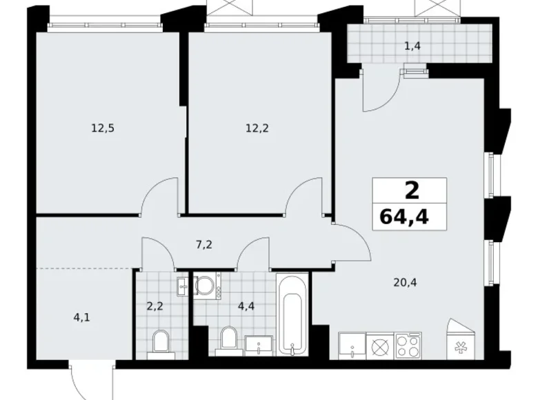 Mieszkanie 2 pokoi 64 m² Troick, Rosja