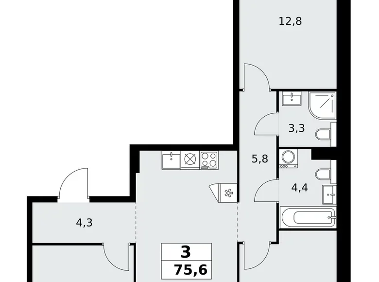3 room apartment 76 m² Kommunarka, Russia
