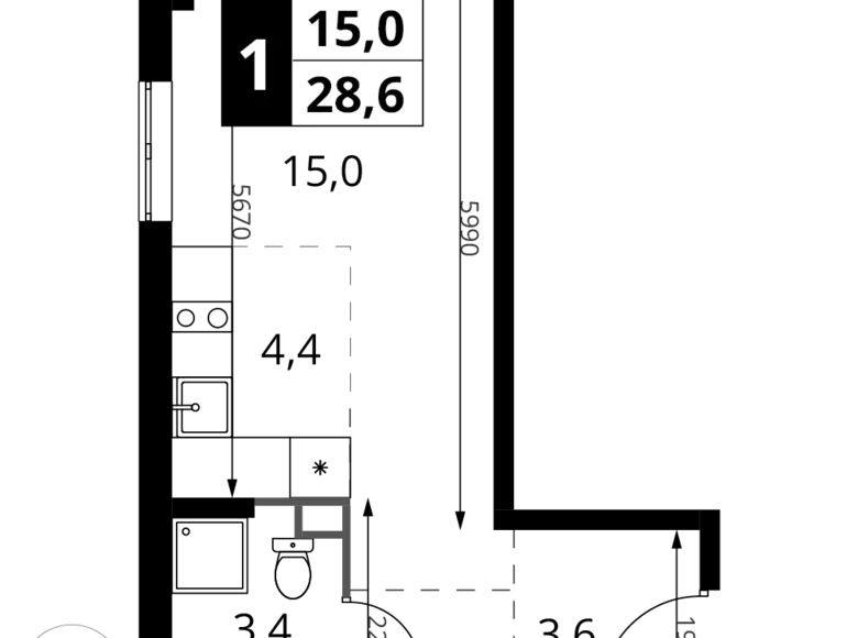 Студия 1 комната 29 м² Химки, Россия