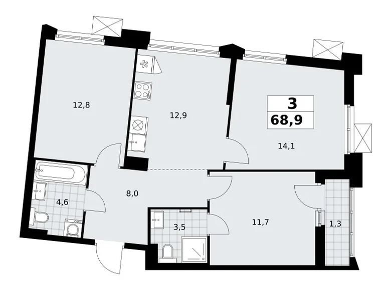 Apartamento 3 habitaciones 69 m² Troitsk, Rusia