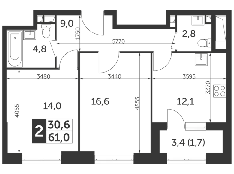 2 room apartment 61 m² Moscow, Russia
