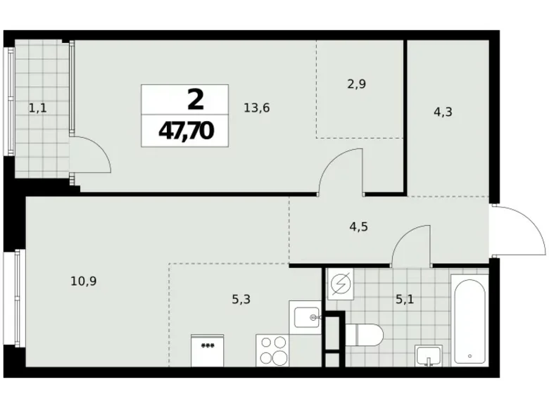 2 room apartment 48 m² Moscow, Russia