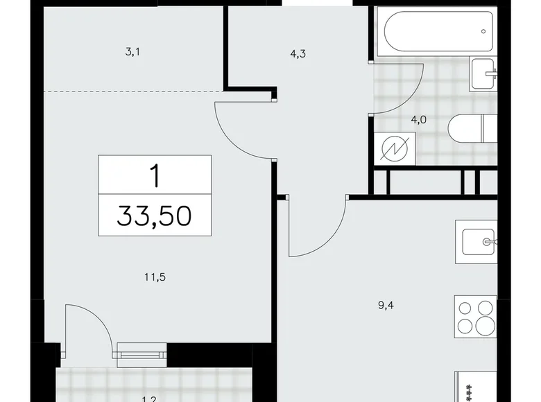 1 room apartment 34 m² Kommunarka, Russia