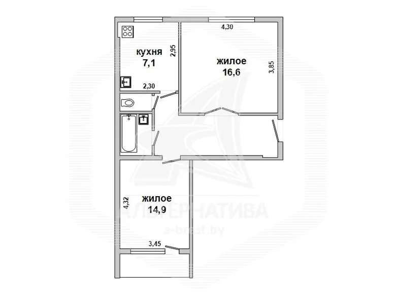 1 room apartment 51 m² Muchaviecki sielski Saviet, Belarus