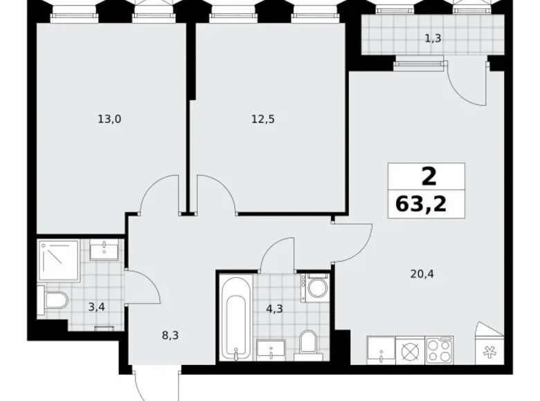 Wohnung 2 zimmer 63 m² Troizk, Russland