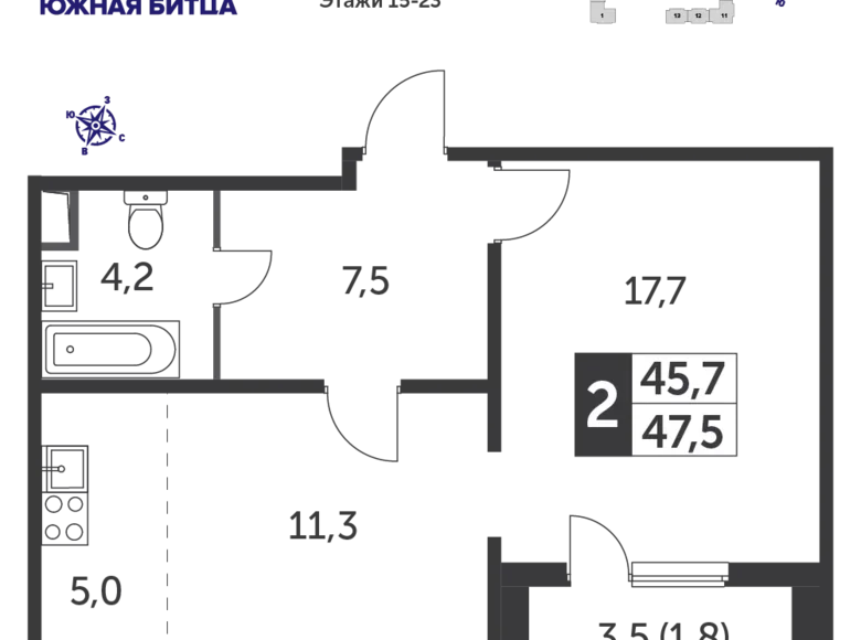 Wohnung 2 zimmer 47 m² Leninsky District, Russland