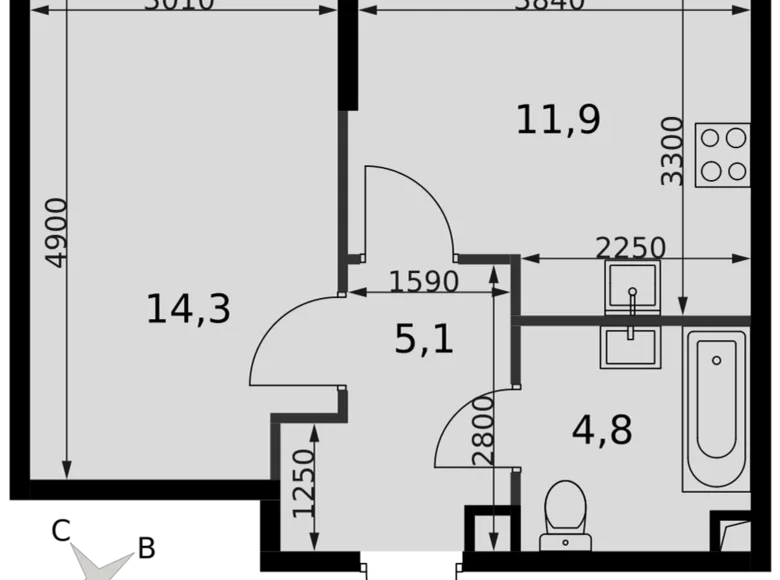 1 room apartment 36 m² Moscow, Russia