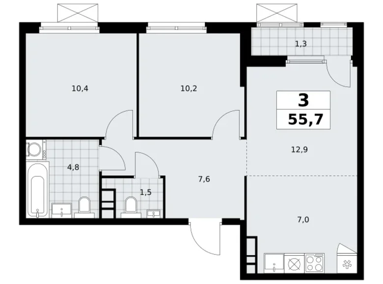 3 room apartment 56 m² Moscow, Russia