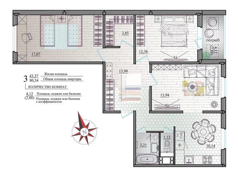 Mieszkanie 3 pokoi 80 m² Mohylew, Białoruś
