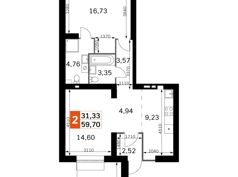 2 room apartment 60 m² Odincovskij gorodskoj okrug, Russia