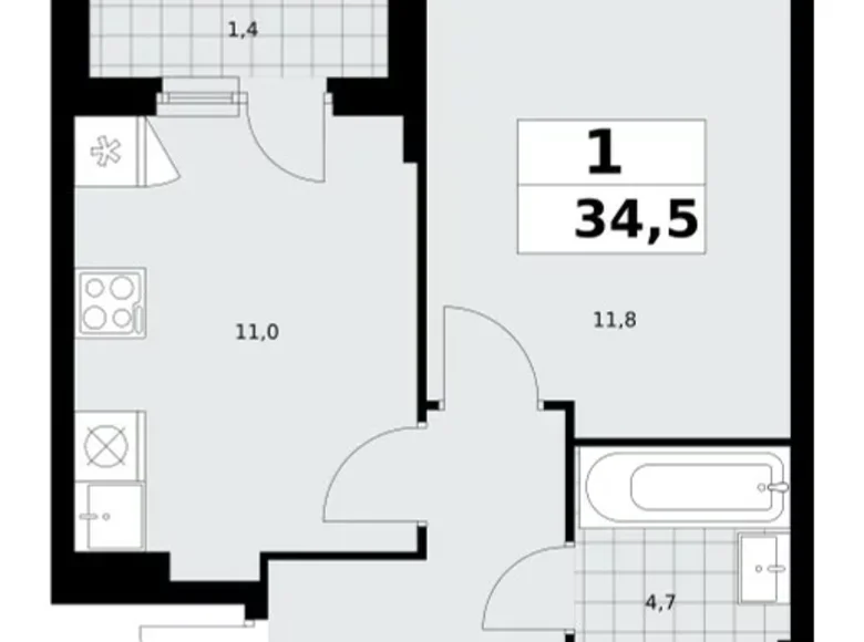 1 room apartment 35 m² Kommunarka, Russia