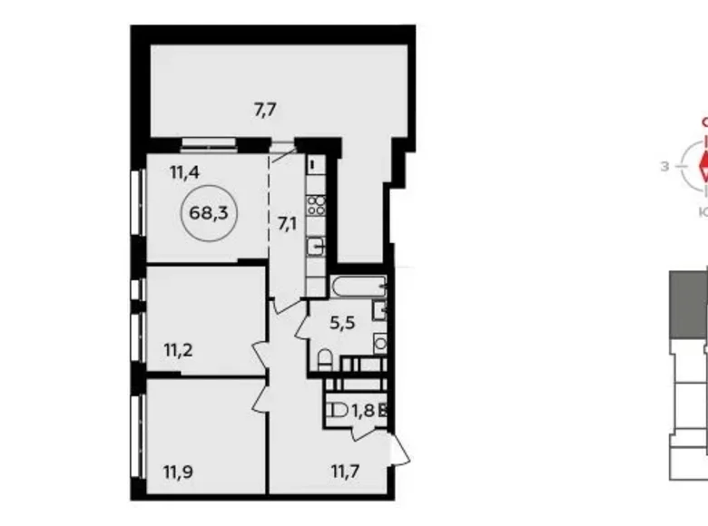 3 room apartment 68 m² Kommunarka, Russia