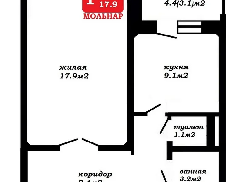 1 room apartment 43 m² Minsk, Belarus