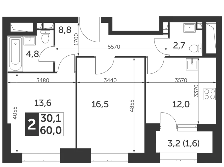 Apartamento 2 habitaciones 60 m² Moscú, Rusia