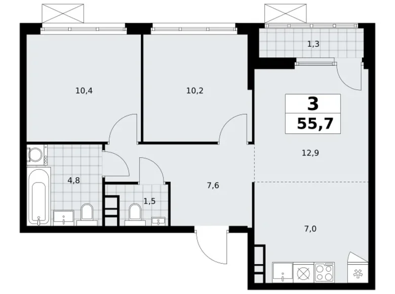 Apartamento 3 habitaciones 56 m² Moscú, Rusia